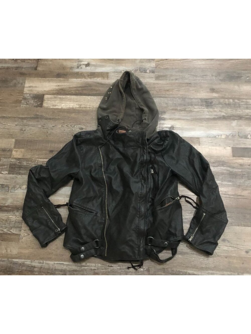 Free People We the Free Womens XL Black Vegan Leather Hooded Jacket Coat